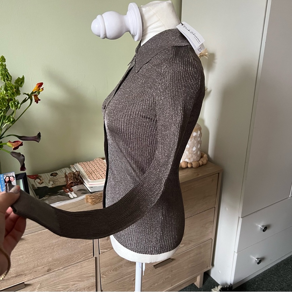 PRIMARK Paula Echevarría Grey Sparkly Button Down Sweater Fitted Long-Sleeve Top